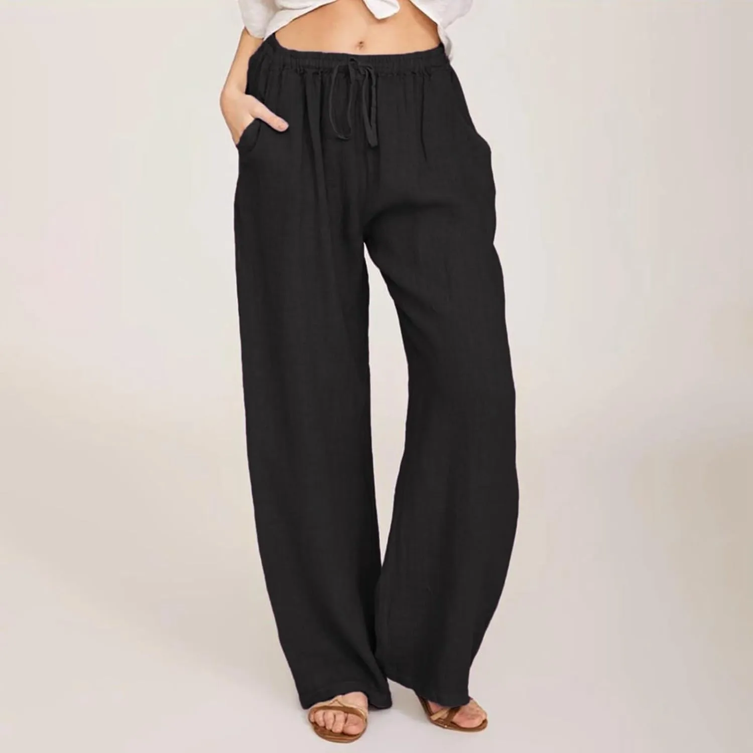 Womens Cotton Linen Pants Elastic High Waisted Palazzo Pants Wide Leg Long Lounge Pant Casual Trousers with Pocket