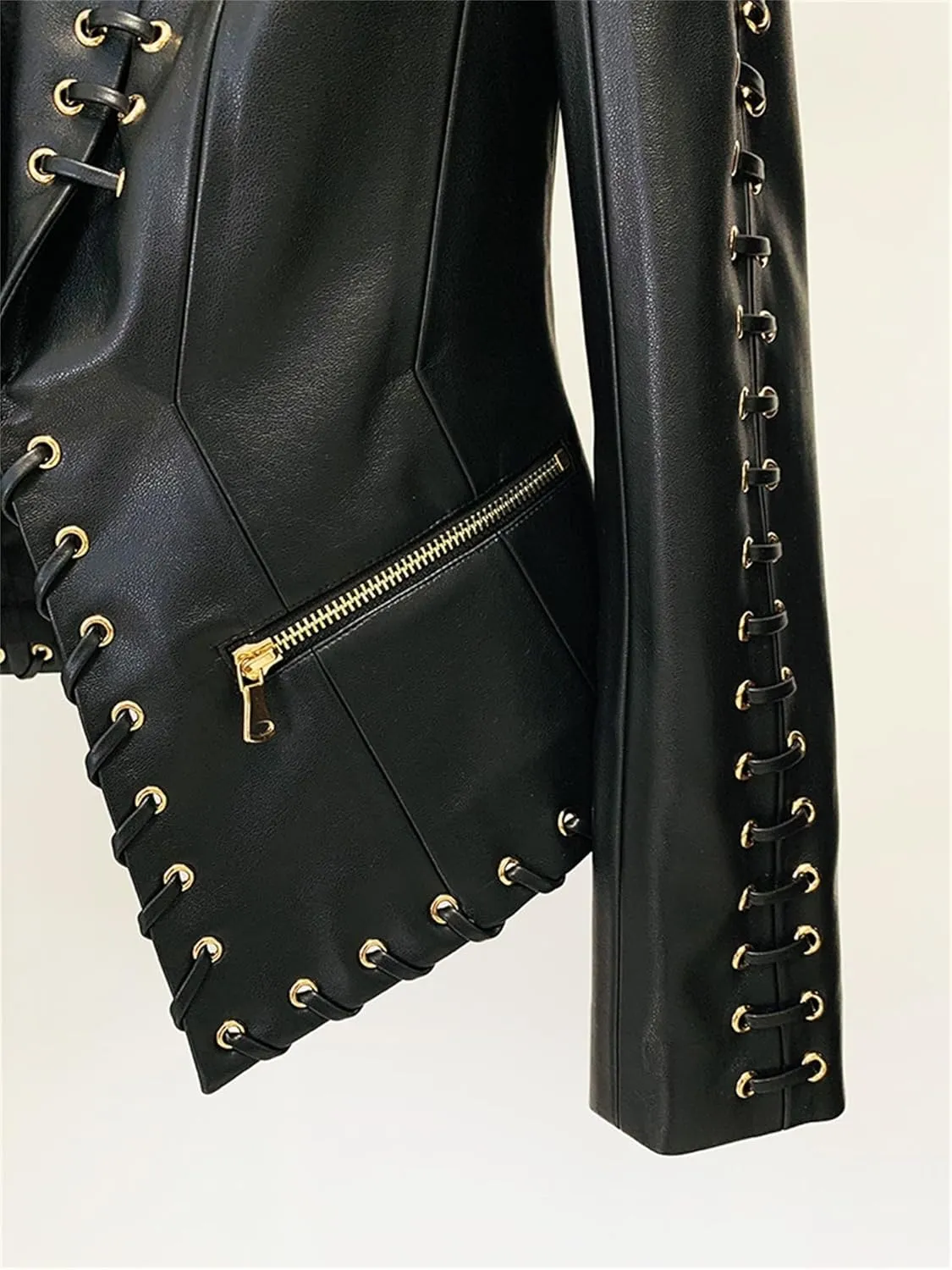 Women's Fashion 2025 Designer Jacket Rope Lacing Up Slim Fitting Leather Blazer Coat