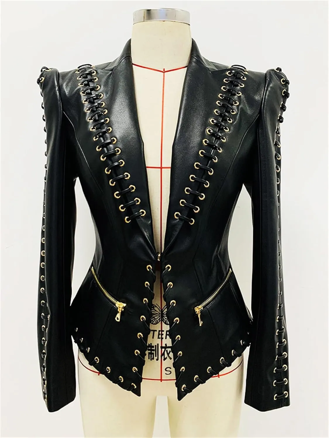 Women's Fashion 2025 Designer Jacket Rope Lacing Up Slim Fitting Leather Blazer Coat