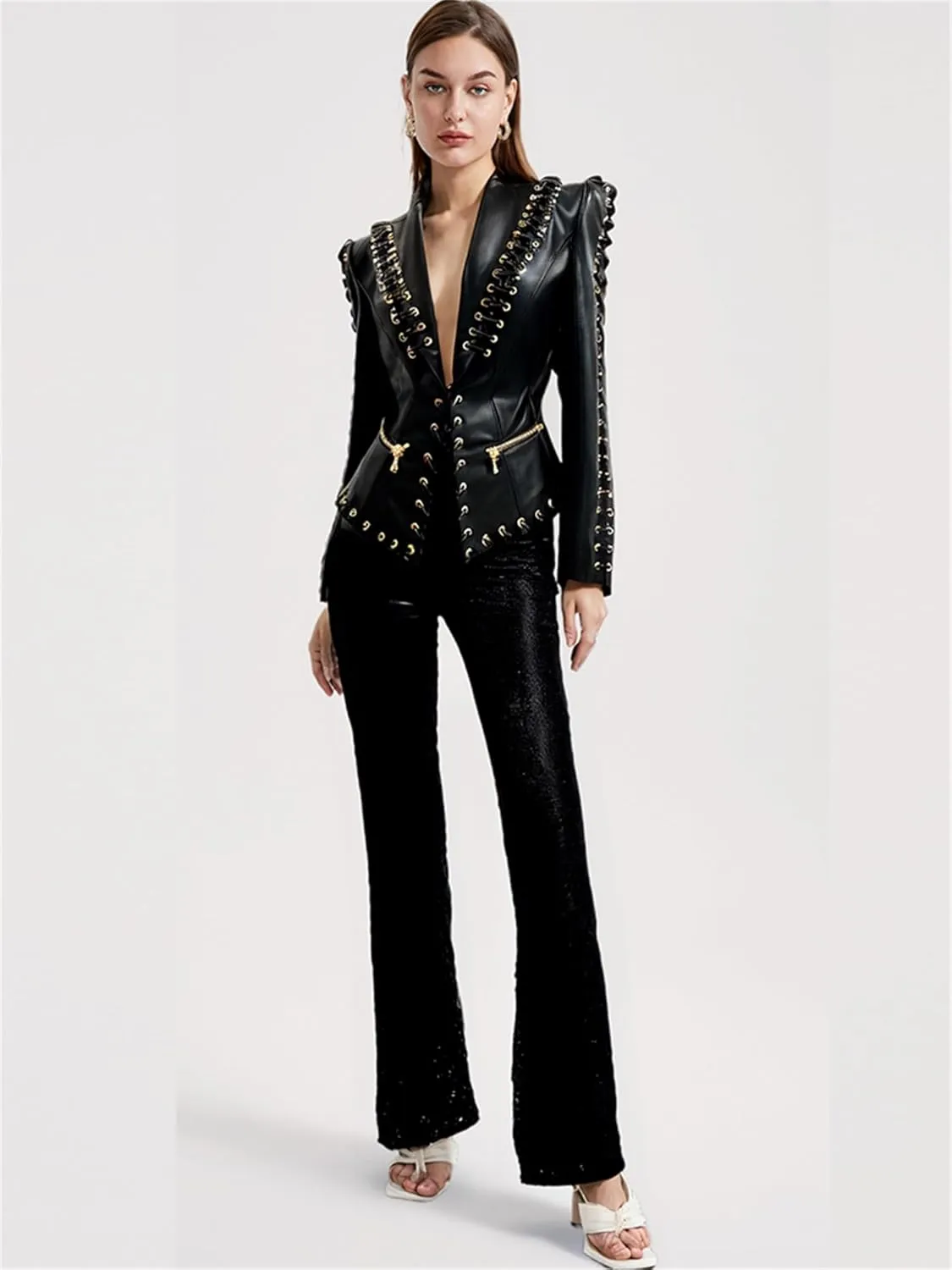 Women's Fashion 2025 Designer Jacket Rope Lacing Up Slim Fitting Leather Blazer Coat
