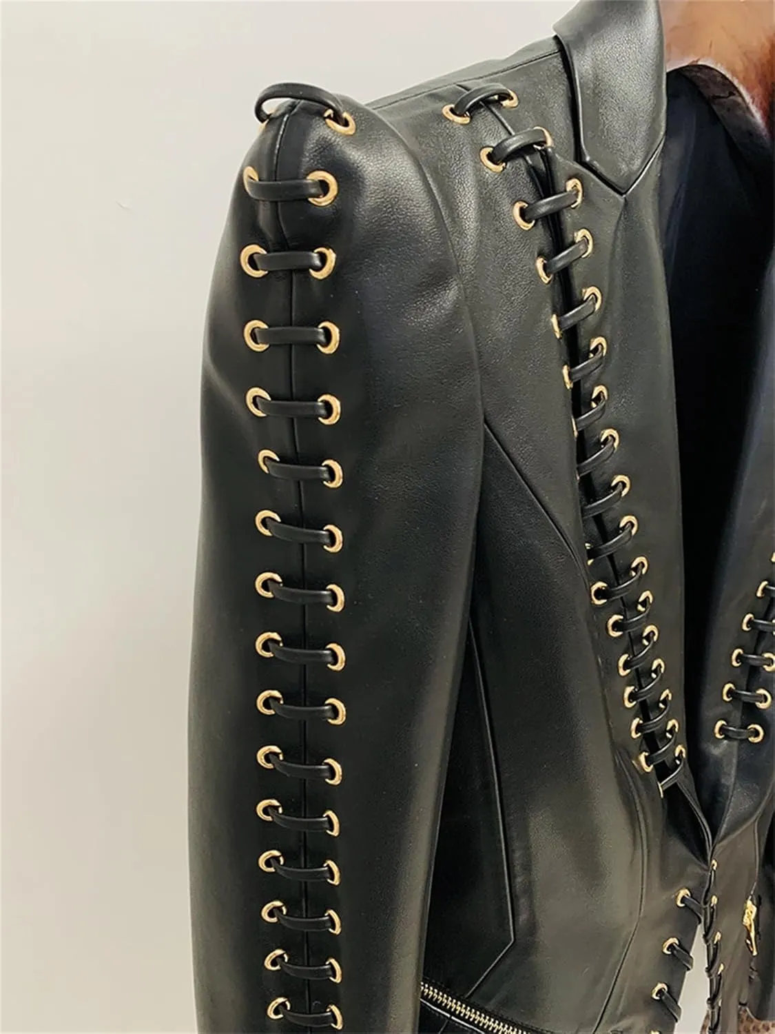 Women's Fashion 2025 Designer Jacket Rope Lacing Up Slim Fitting Leather Blazer Coat