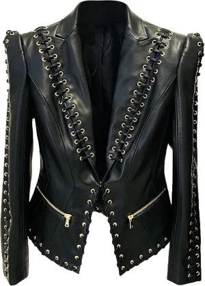 Women's Fashion 2025 Designer Jacket Rope Lacing Up Slim Fitting Leather Blazer Coat