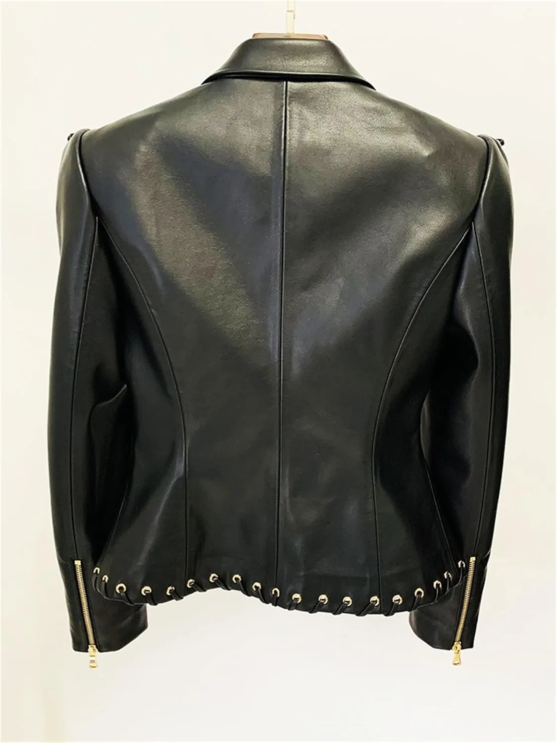 Women's Fashion 2025 Designer Jacket Rope Lacing Up Slim Fitting Leather Blazer Coat