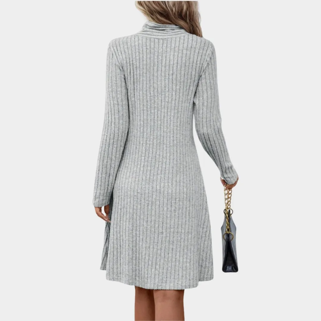 Womens Grey Long Sleeve Knitted Dress  Close-Fitting Waist, Elegant, Feminine Autumn Winter Wear