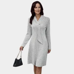 Womens Grey Long Sleeve Knitted Dress  Close-Fitting Waist, Elegant, Feminine Autumn Winter Wear