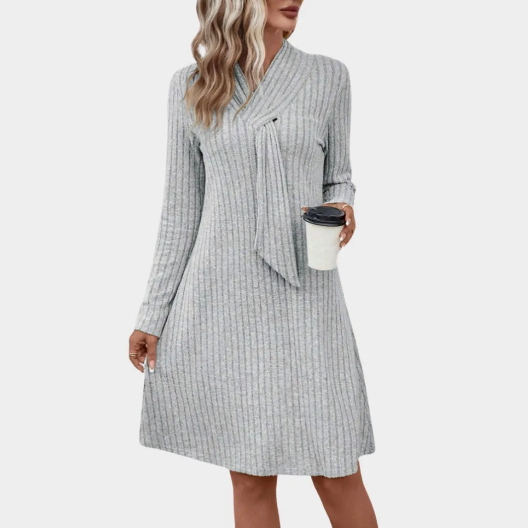 Womens Grey Long Sleeve Knitted Dress  Close-Fitting Waist, Elegant, Feminine Autumn Winter Wear
