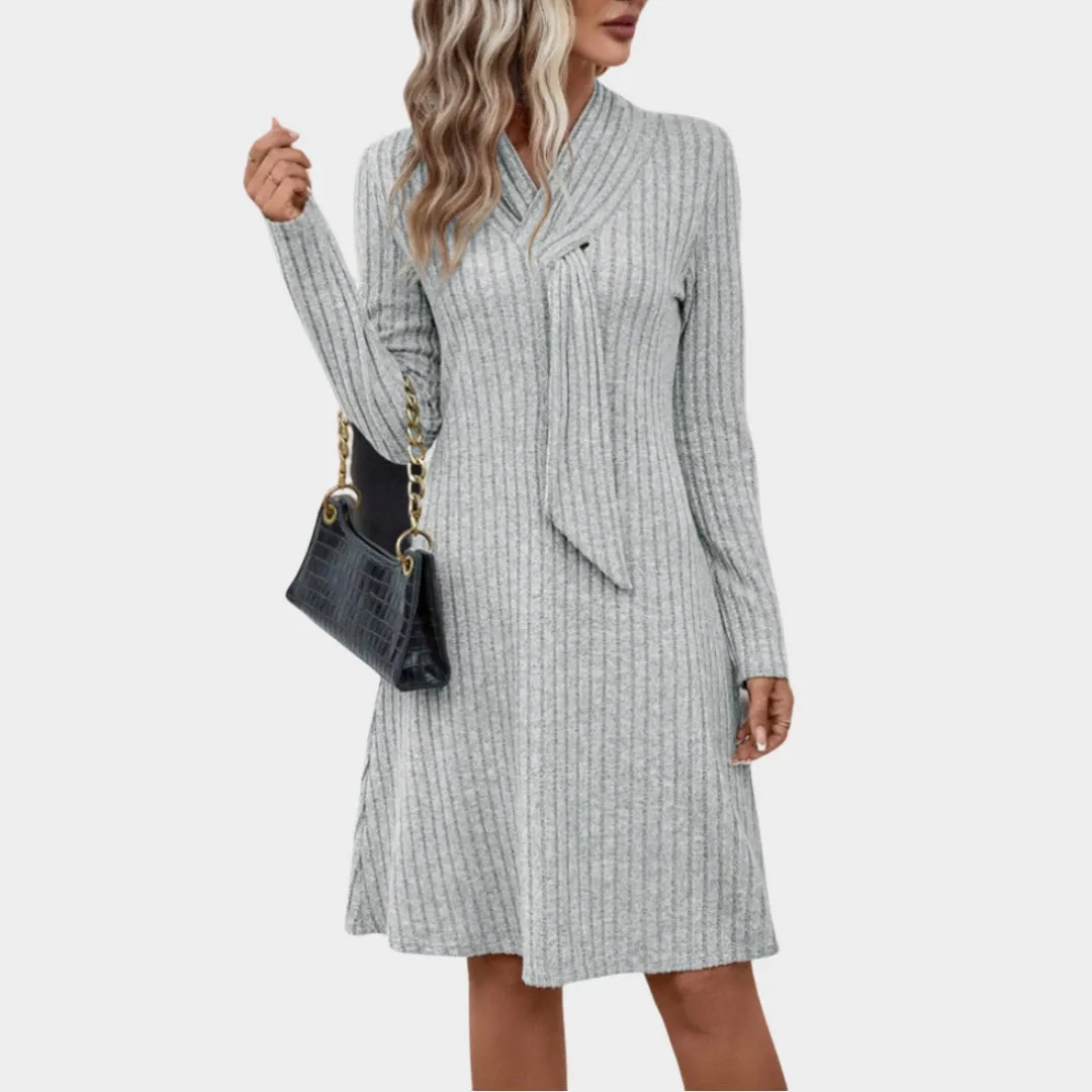 Womens Grey Long Sleeve Knitted Dress  Close-Fitting Waist, Elegant, Feminine Autumn Winter Wear
