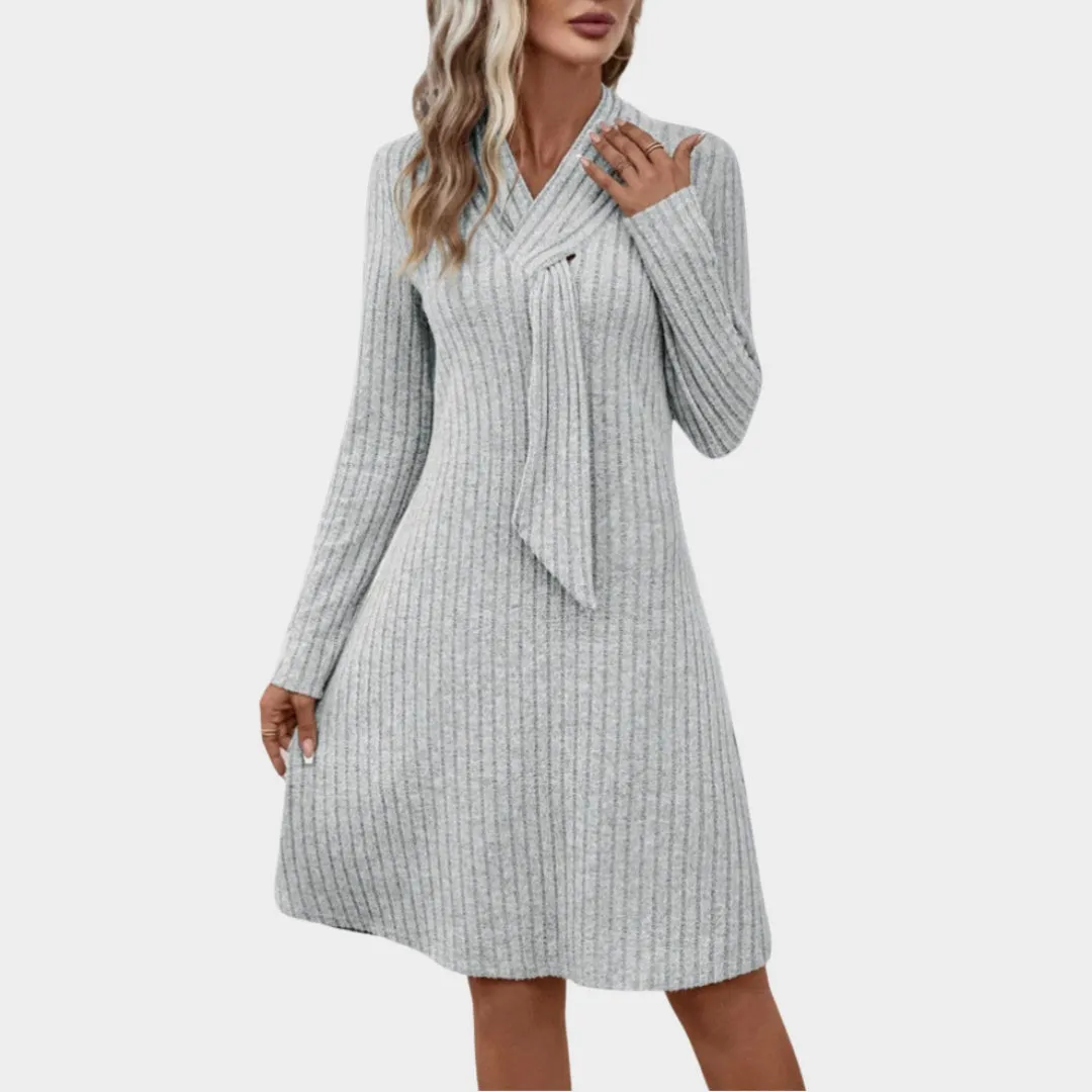 Womens Grey Long Sleeve Knitted Dress  Close-Fitting Waist, Elegant, Feminine Autumn Winter Wear