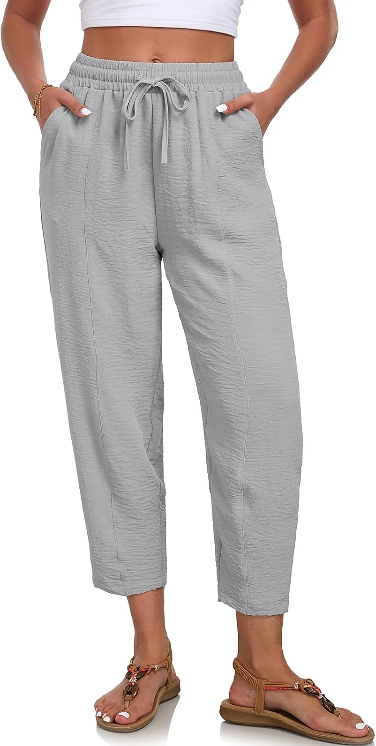 Womens High Waisted Baggy Pants Drawstring Elastic Waisted Ankle Length Pants Palazzo Casual Trouser with Pockets