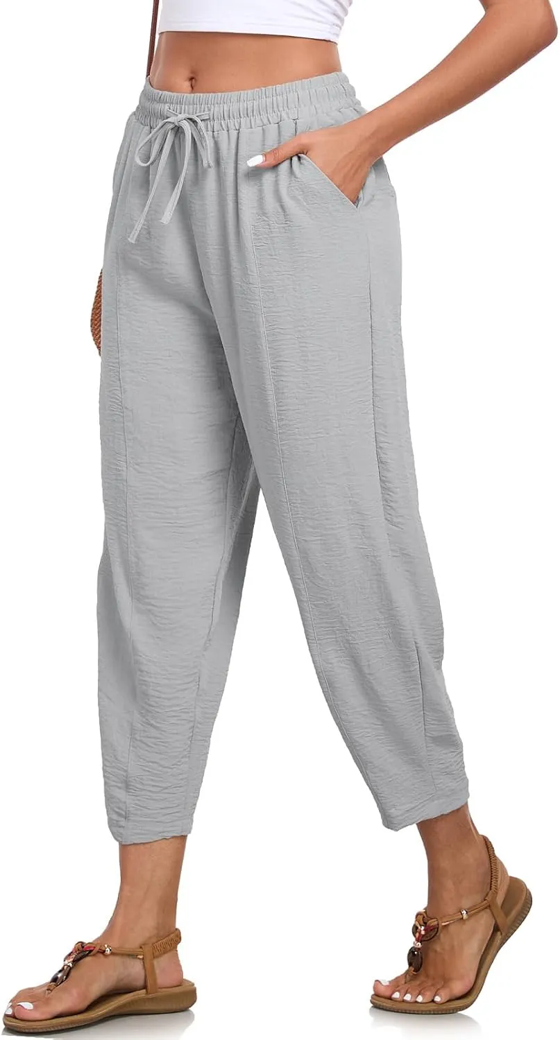 Womens High Waisted Baggy Pants Drawstring Elastic Waisted Ankle Length Pants Palazzo Casual Trouser with Pockets