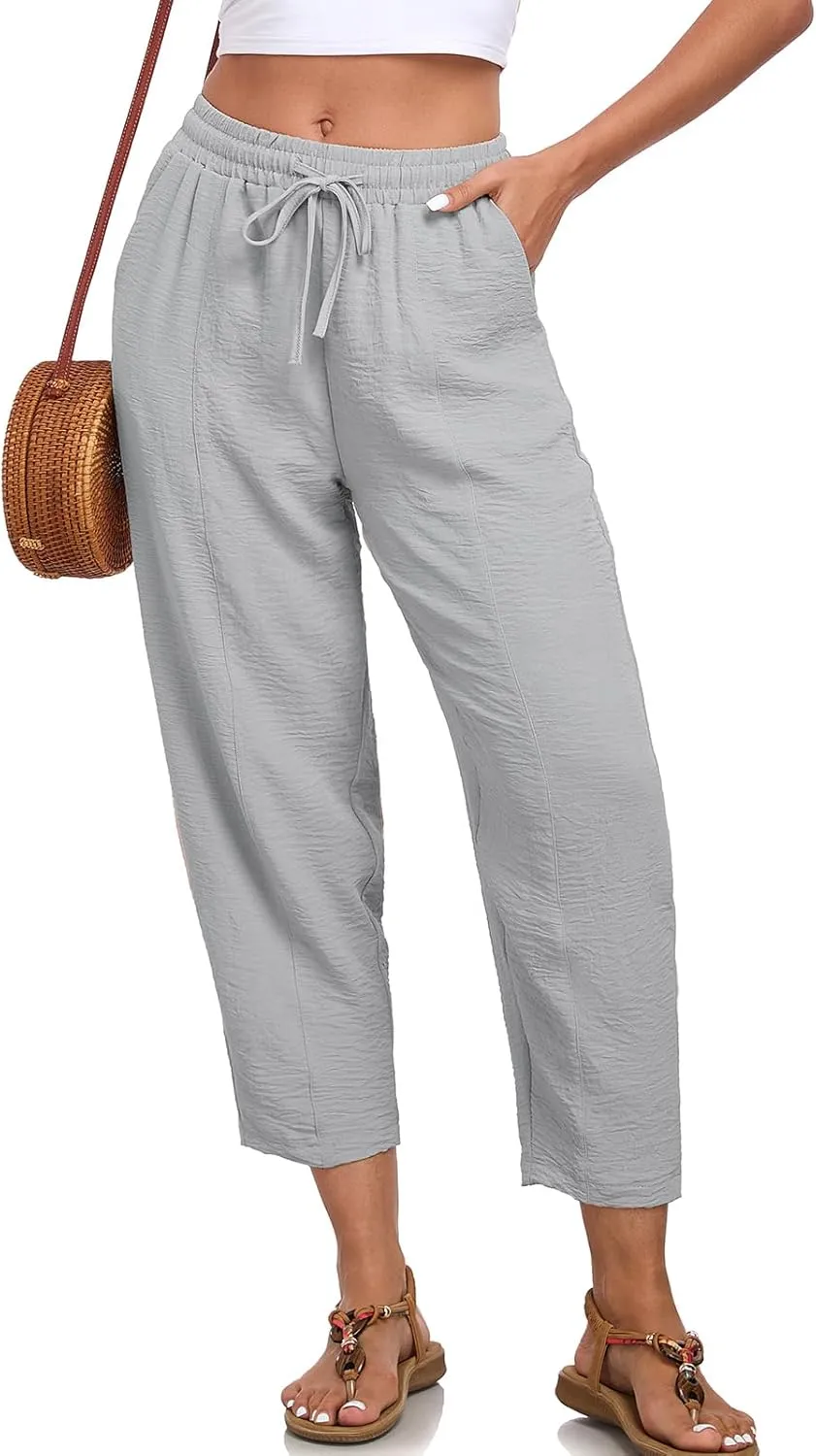 Womens High Waisted Baggy Pants Drawstring Elastic Waisted Ankle Length Pants Palazzo Casual Trouser with Pockets