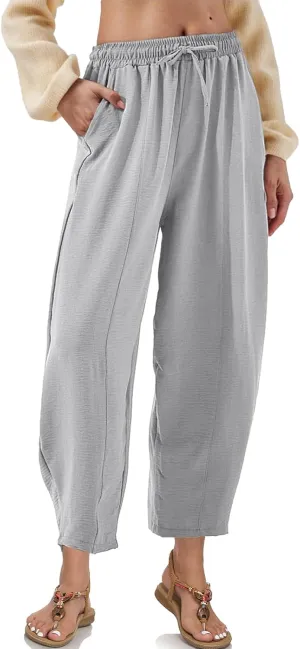 Womens High Waisted Baggy Pants Drawstring Elastic Waisted Ankle Length Pants Palazzo Casual Trouser with Pockets