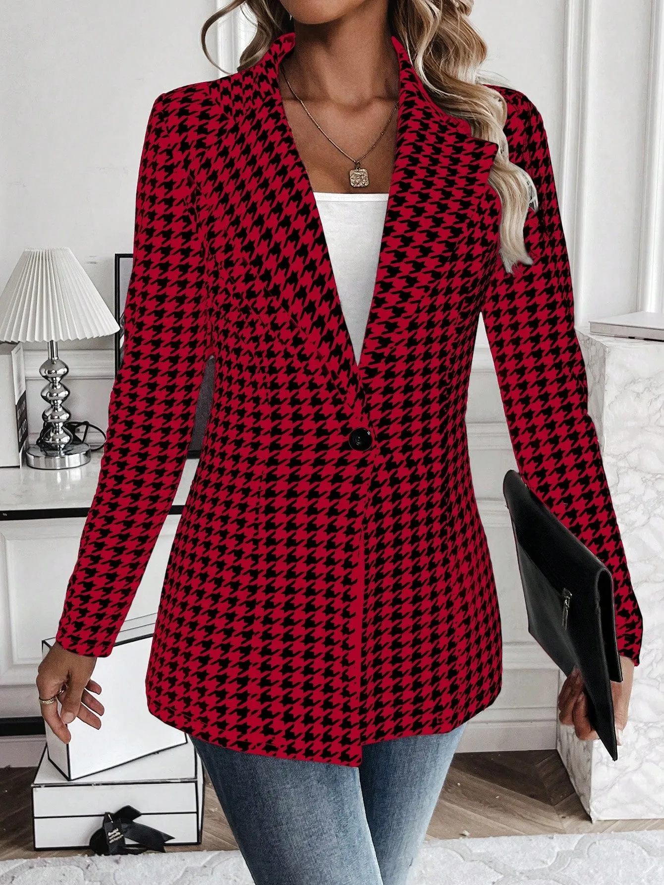 Women's Houndstooth Check Waist Slimming Blazer Jacket