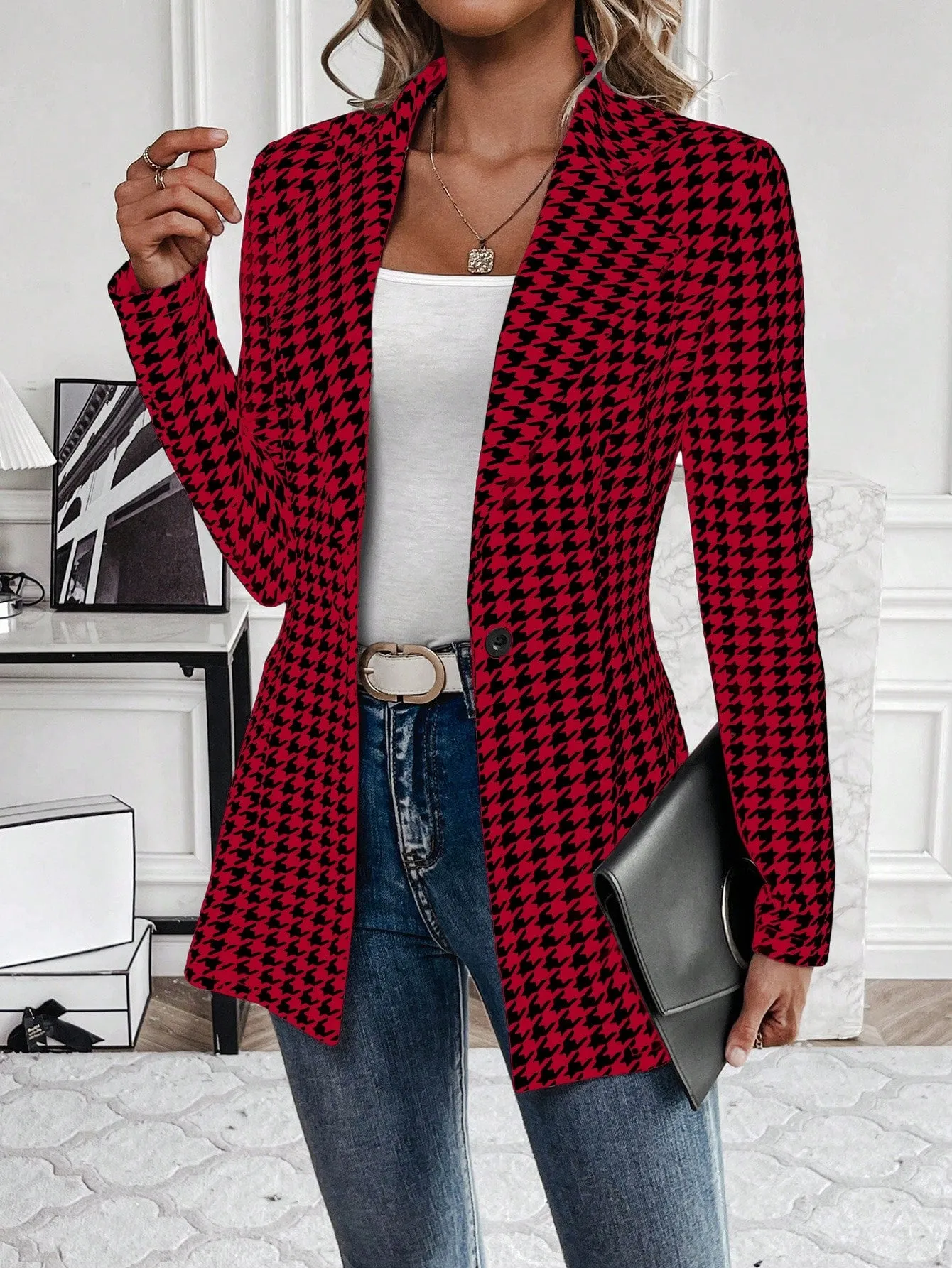Women's Houndstooth Check Waist Slimming Blazer Jacket