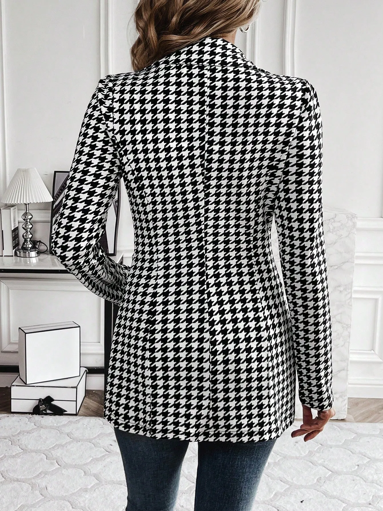 Women's Houndstooth Check Waist Slimming Blazer Jacket