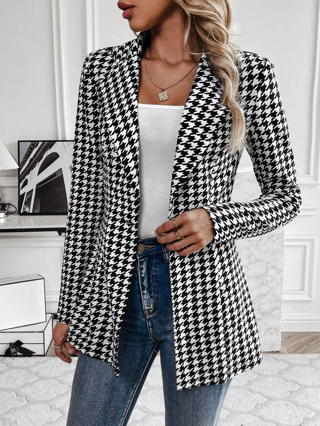 Women's Houndstooth Check Waist Slimming Blazer Jacket