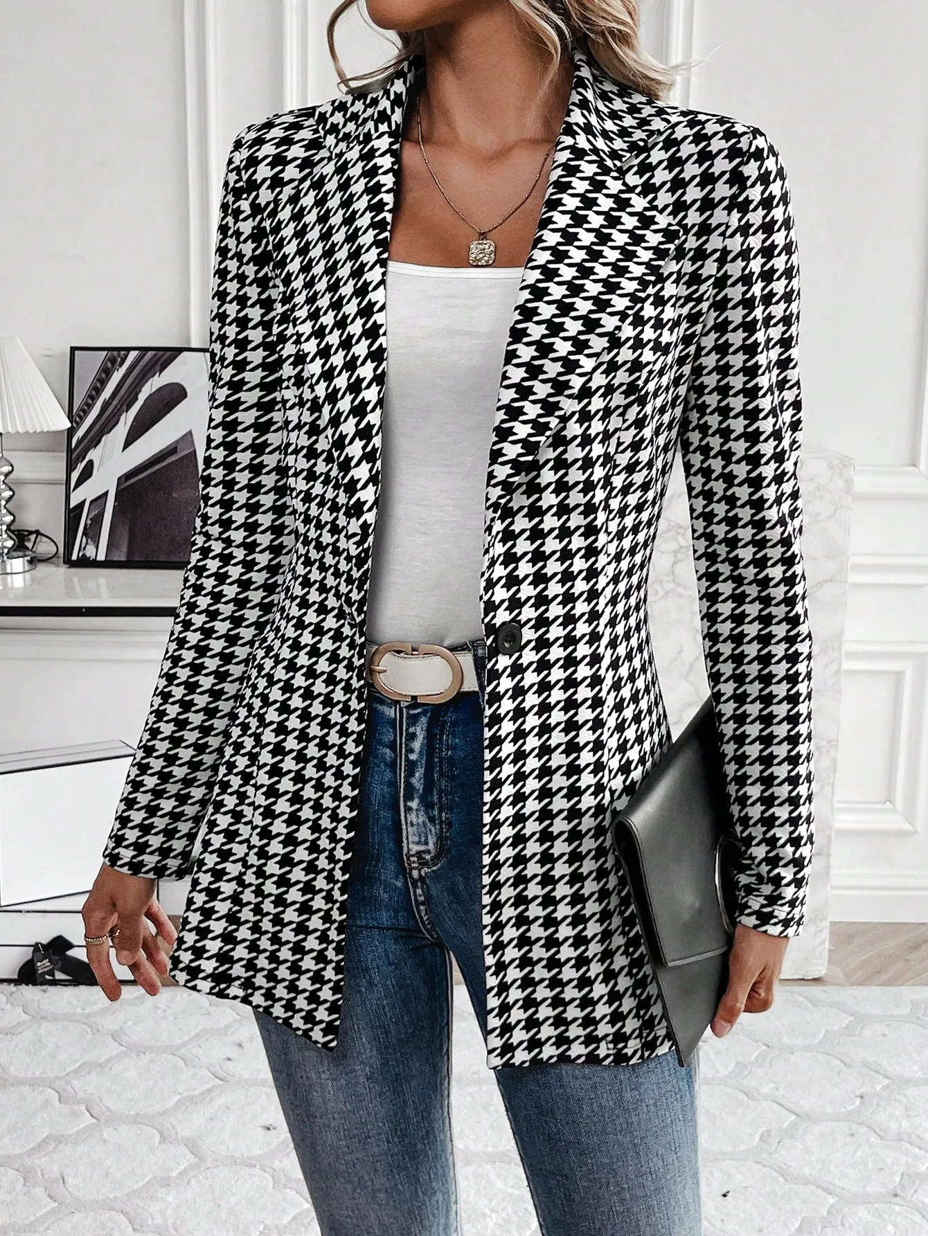 Women's Houndstooth Check Waist Slimming Blazer Jacket