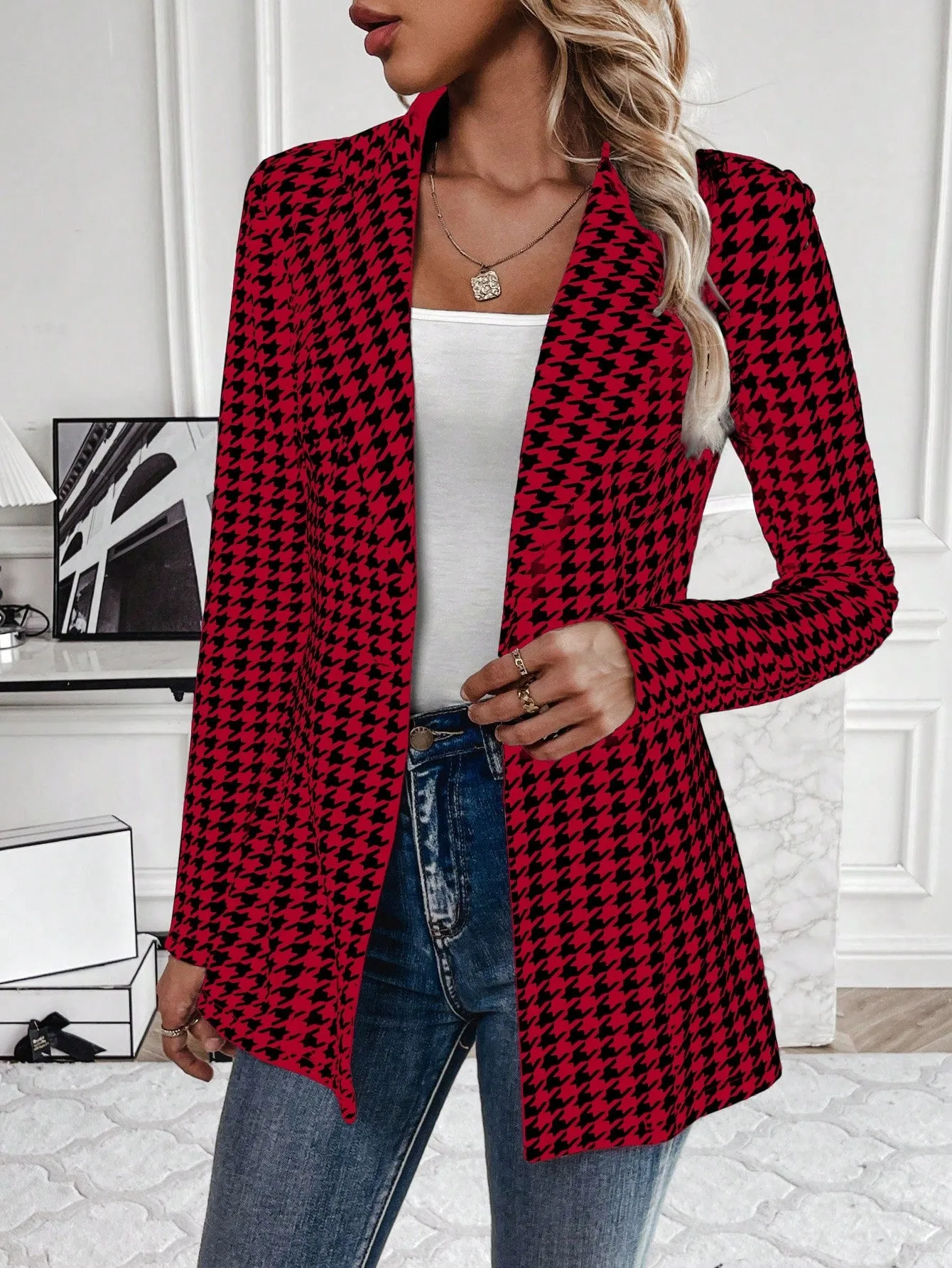 Women's Houndstooth Check Waist Slimming Blazer Jacket