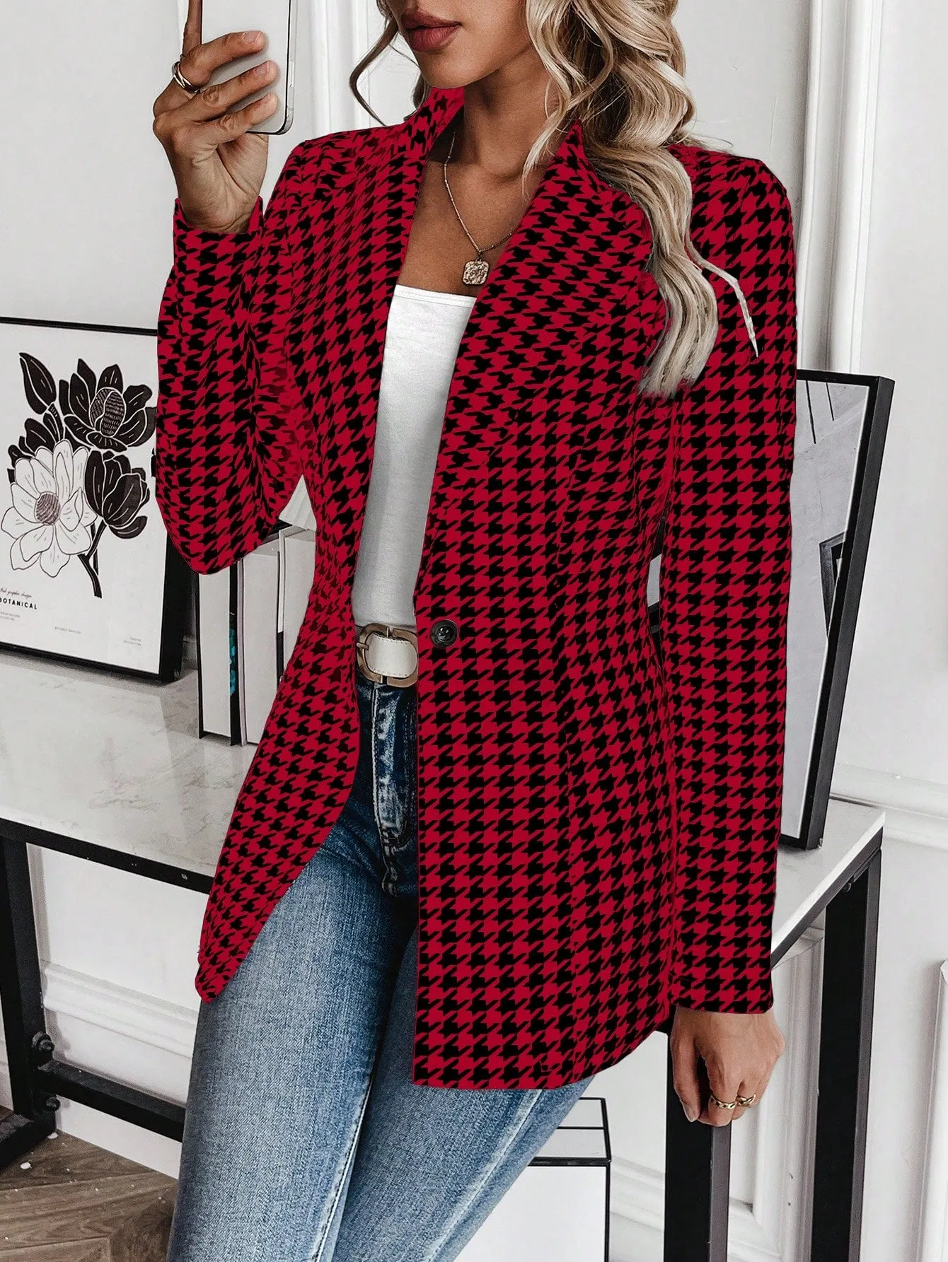 Women's Houndstooth Check Waist Slimming Blazer Jacket