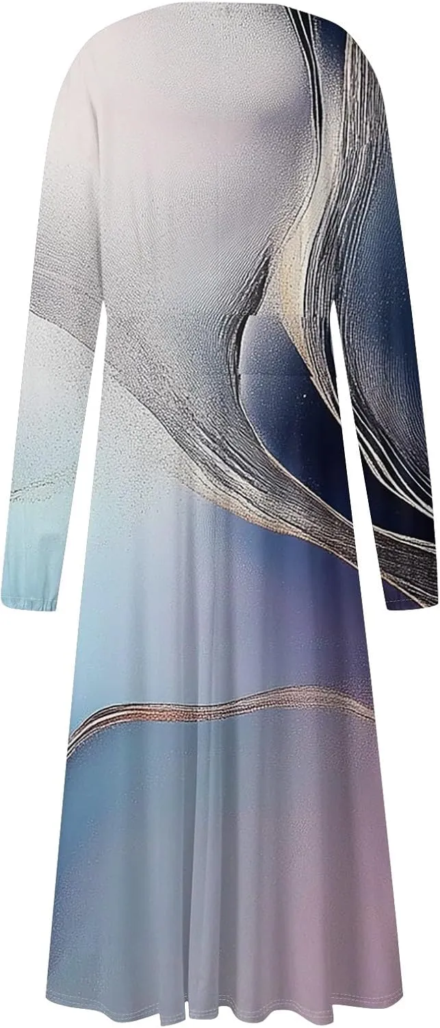 Women's Light Gradient Long Sleeve Dresses Fashion Formal V-Neck Spring Long Dress