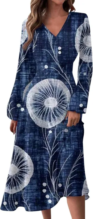 Women's Light Gradient Long Sleeve Dresses Fashion Formal V-Neck Spring Long Dress