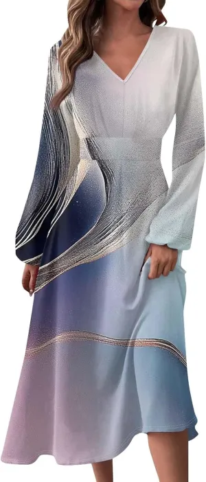 Women's Light Gradient Long Sleeve Dresses Fashion Formal V-Neck Spring Long Dress