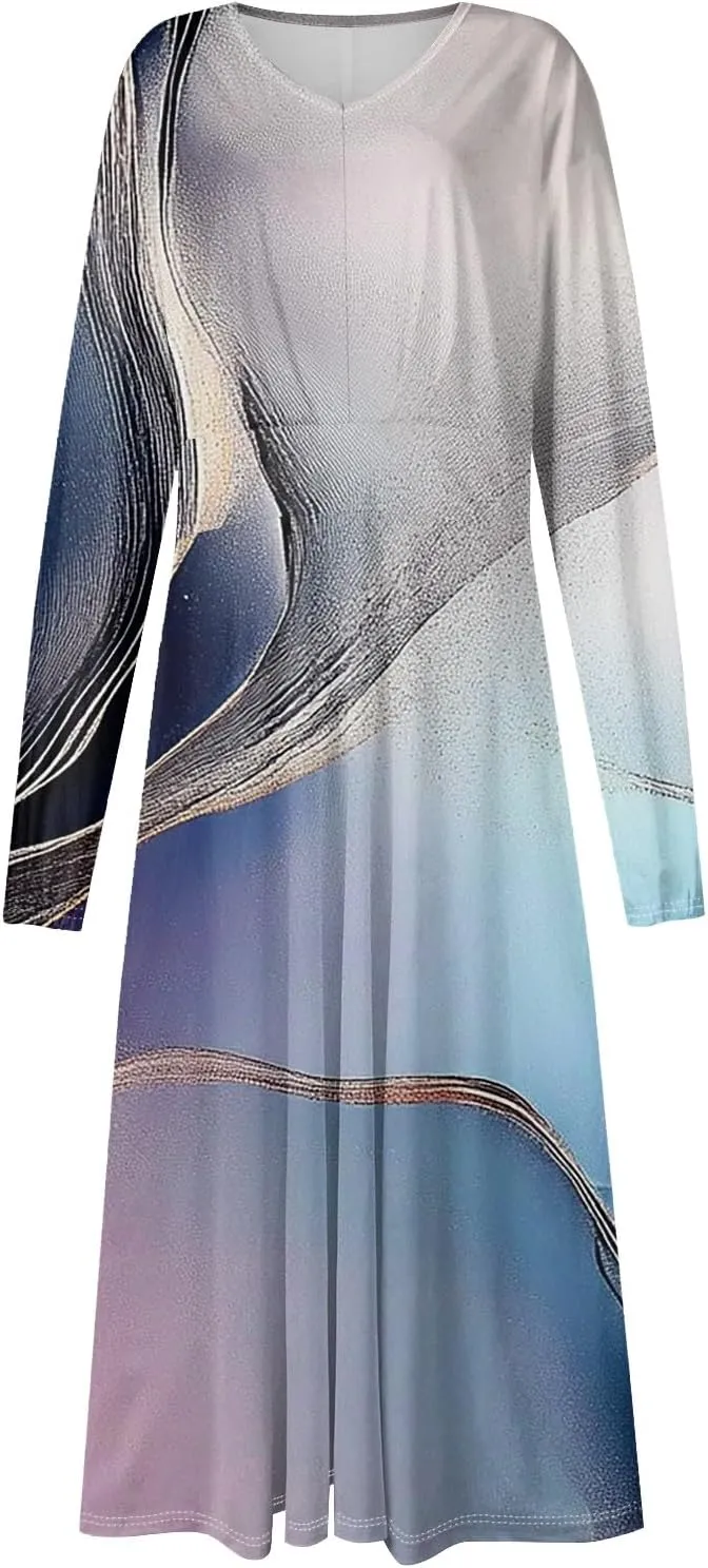 Women's Light Gradient Long Sleeve Dresses Fashion Formal V-Neck Spring Long Dress