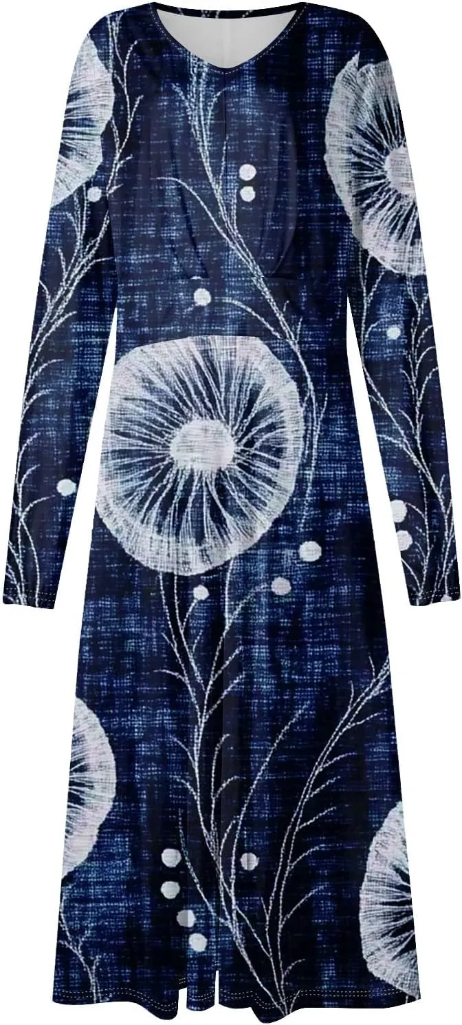 Women's Light Gradient Long Sleeve Dresses Fashion Formal V-Neck Spring Long Dress