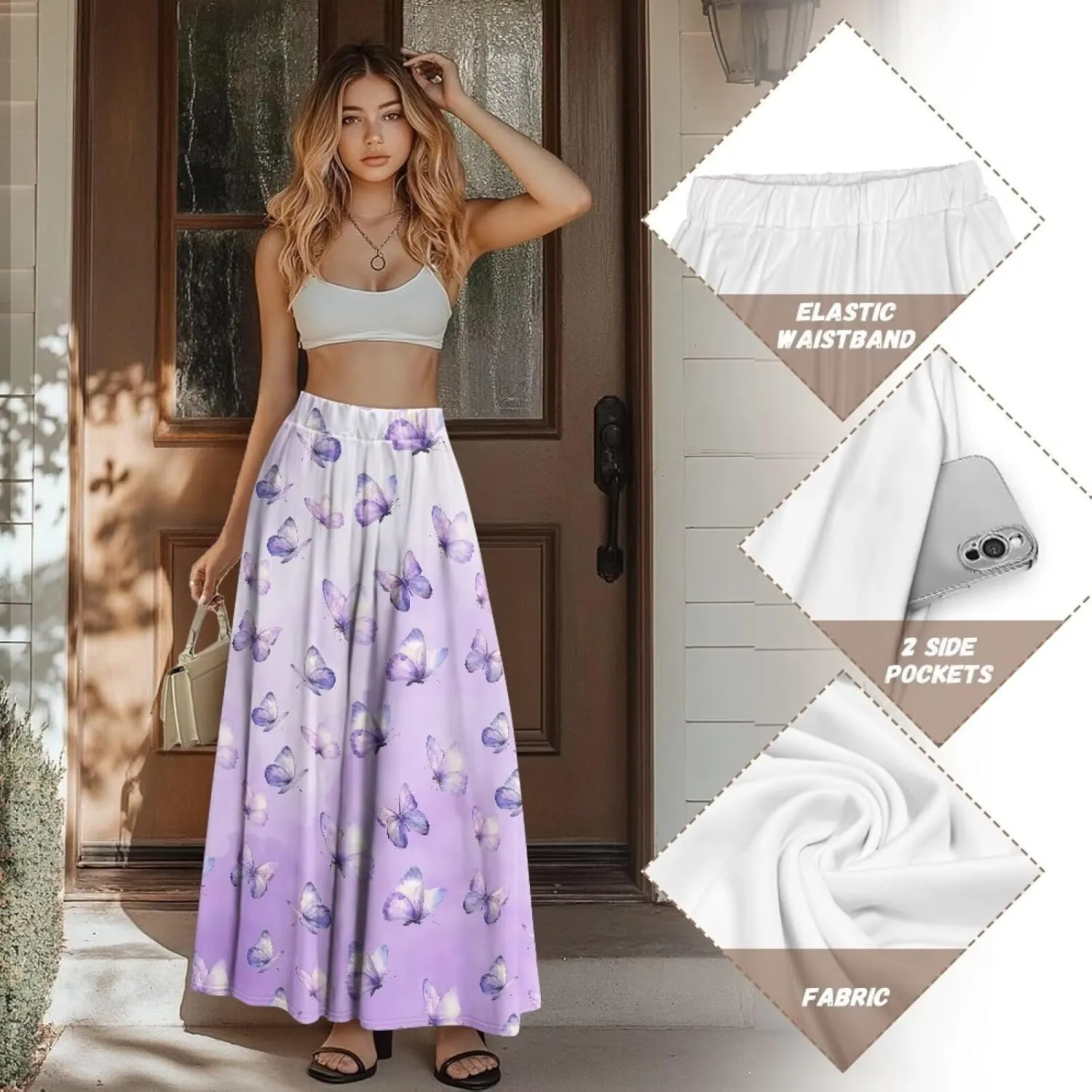 Women's Long Maxi Skirt Pleated High Waist Swing Skirt 2024 Fall Winter Stylish Skirt with Pockets
