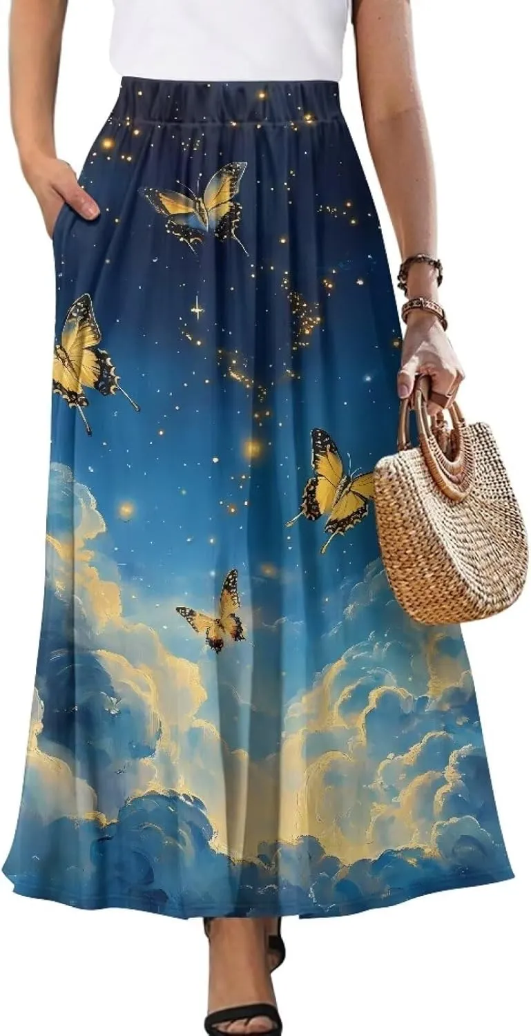 Women's Long Maxi Skirt Pleated High Waist Swing Skirt 2024 Fall Winter Stylish Skirt with Pockets