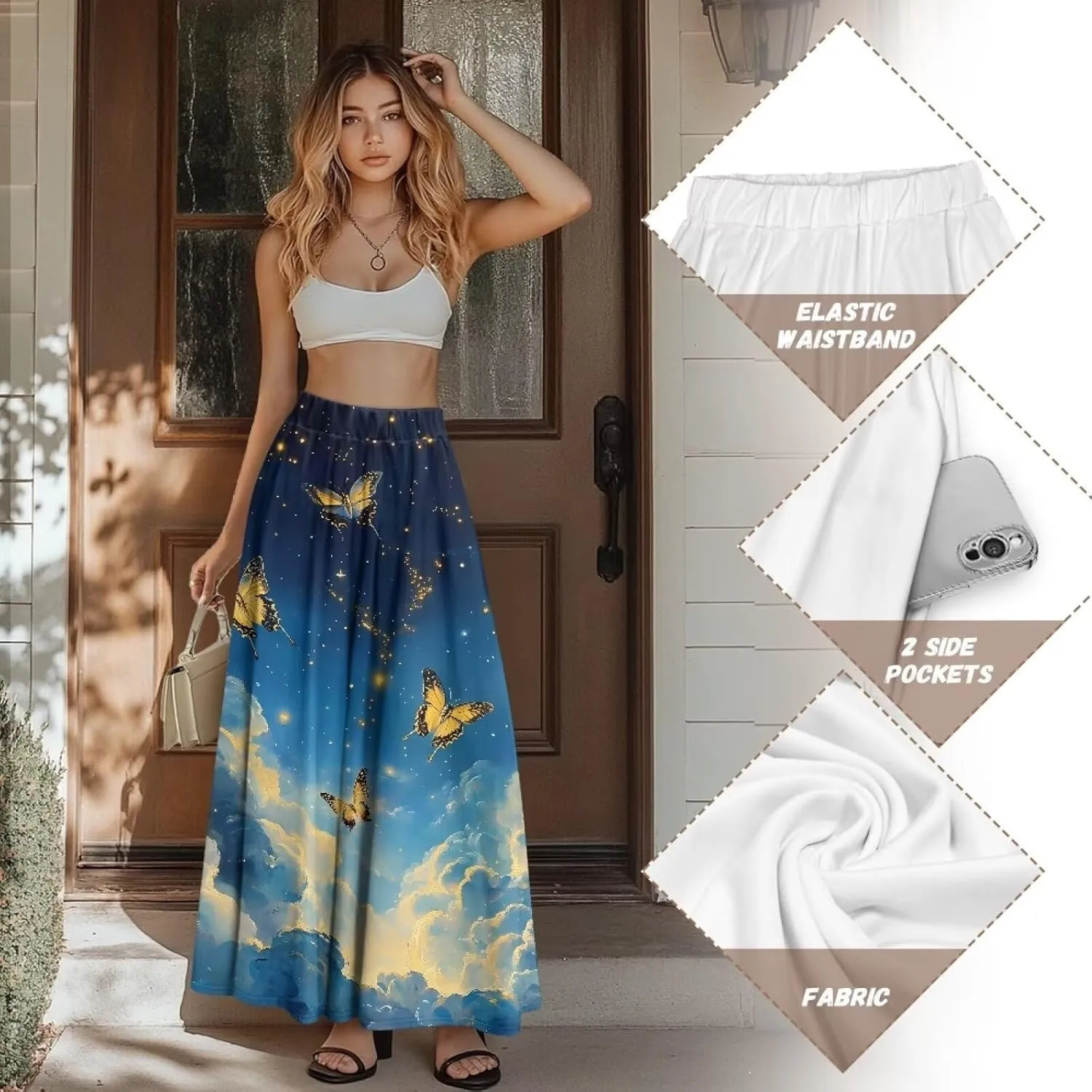 Women's Long Maxi Skirt Pleated High Waist Swing Skirt 2024 Fall Winter Stylish Skirt with Pockets