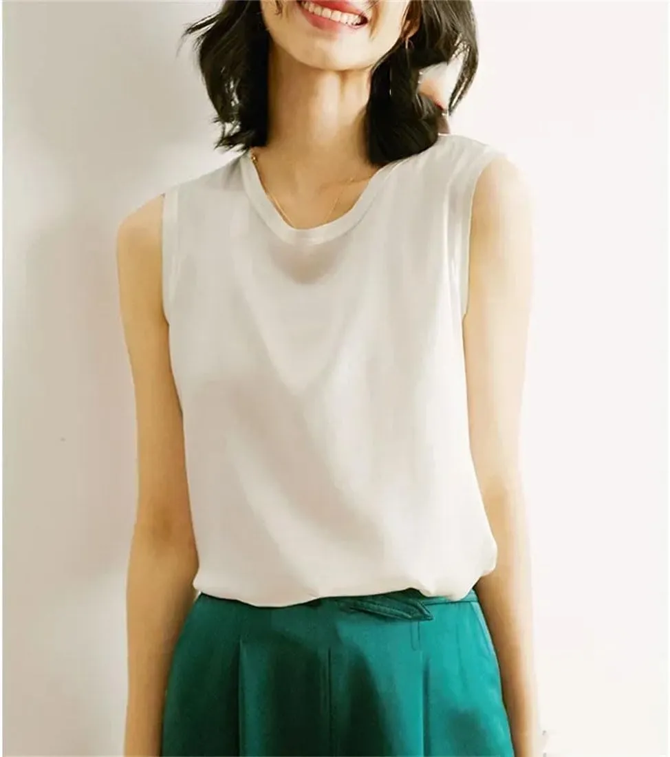 Women's Mulberry-Silk Sleeveless Camisole Bottoming Top Outer Tank Tops Loose Fit Big Size Vest