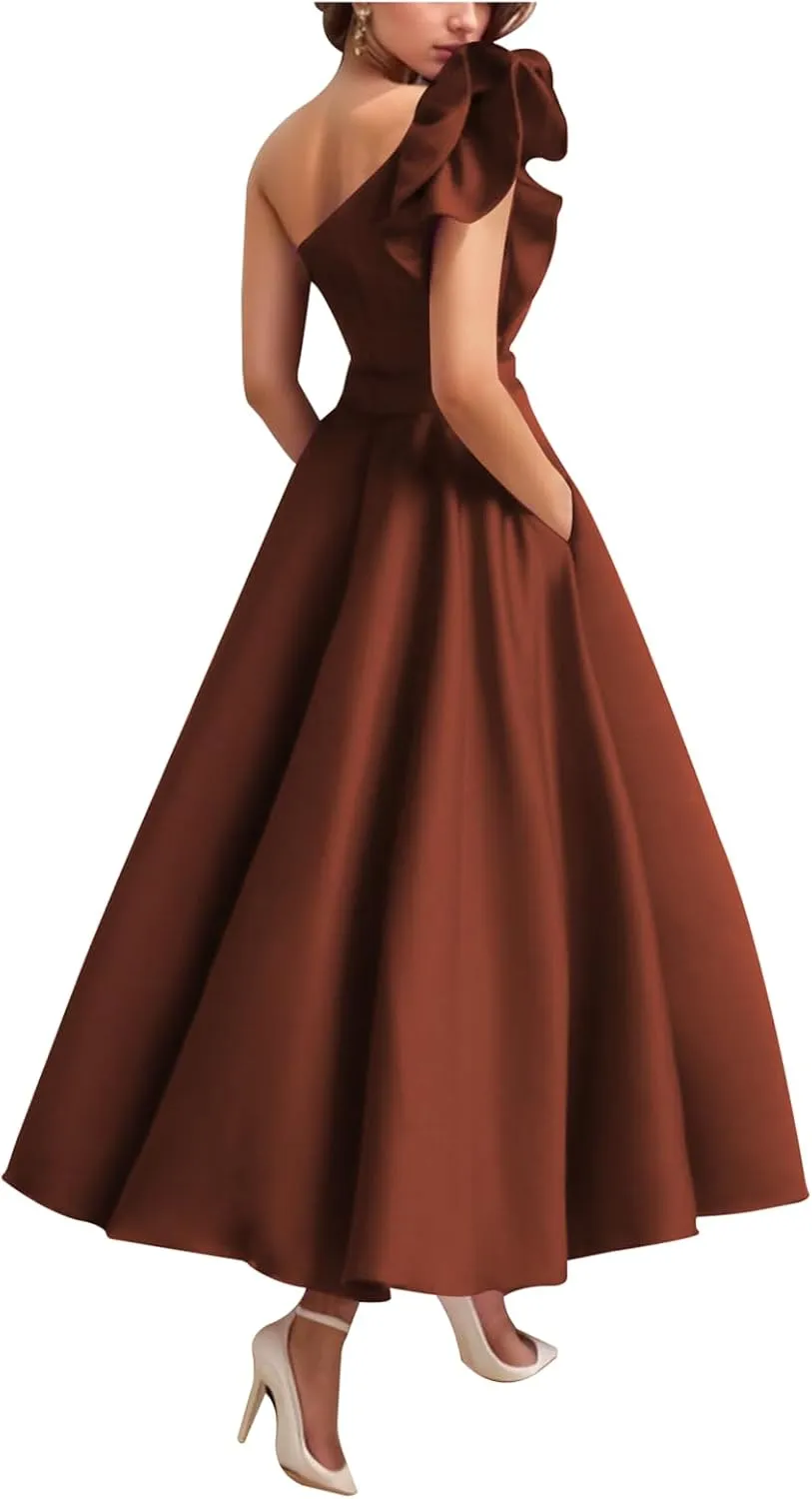 Women's One Shoulder Elegant Evening Dress with Pockets Satin Tea Length A Line Formal Wedding Guest Dress