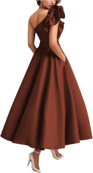 Women's One Shoulder Elegant Evening Dress with Pockets Satin Tea Length A Line Formal Wedding Guest Dress
