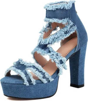 Women's Open Toe Denim High Heeled Sandals Fashion Comfortable Ankle Strap Stiletto Shoes