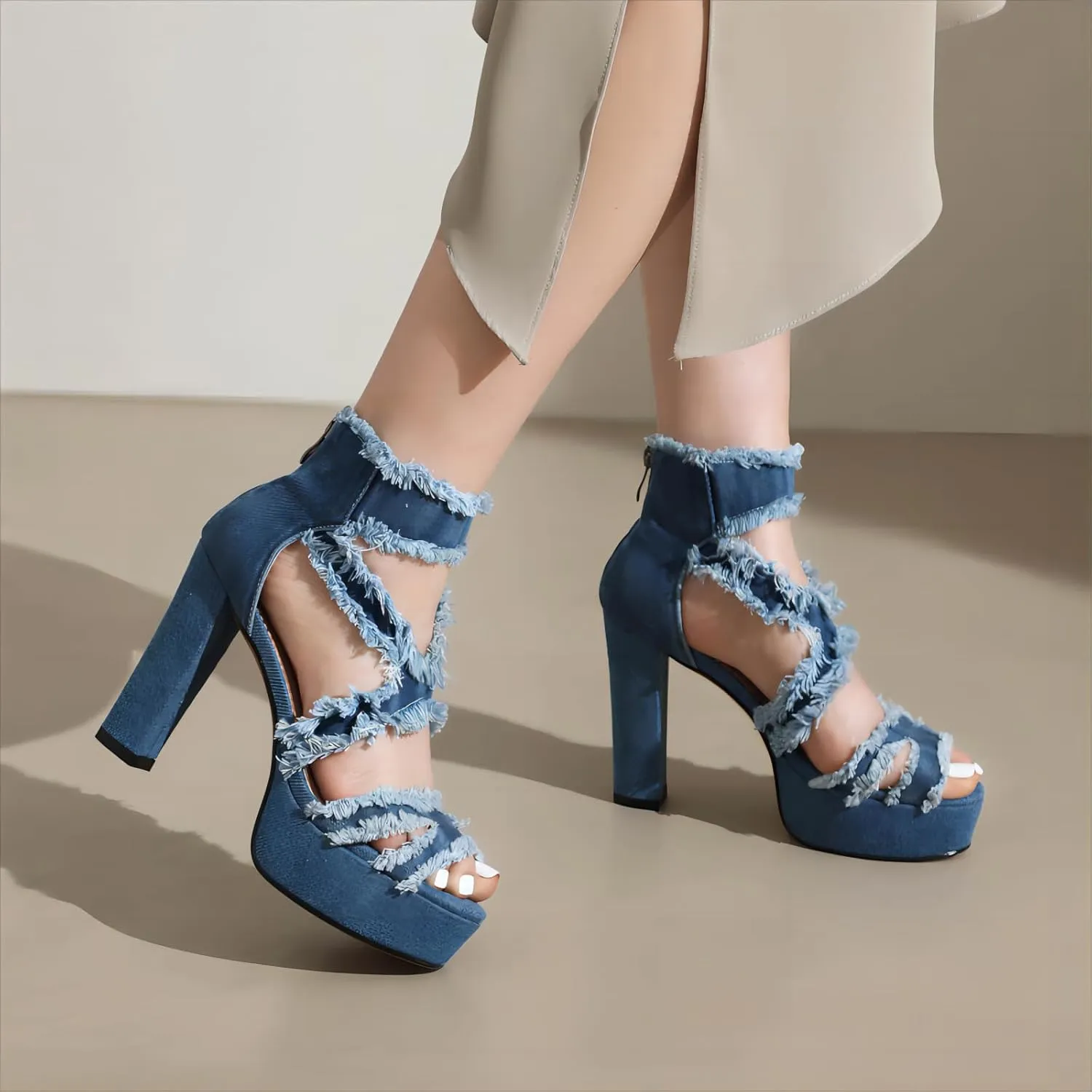 Women's Open Toe Denim High Heeled Sandals Fashion Comfortable Ankle Strap Stiletto Shoes