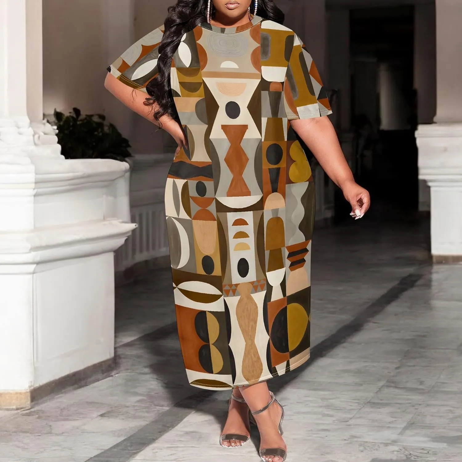 Women's Plus Size Midi Dress African Art Ethnic Style Dress Summer Loose Short Sleeve Round Neck T-Shirt Maxi Dress
