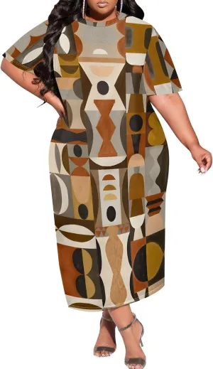 Women's Plus Size Midi Dress African Art Ethnic Style Dress Summer Loose Short Sleeve Round Neck T-Shirt Maxi Dress
