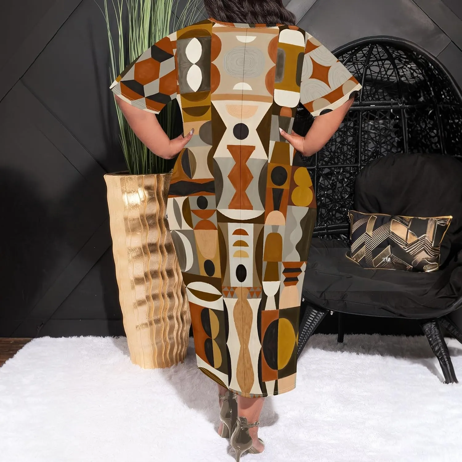 Women's Plus Size Midi Dress African Art Ethnic Style Dress Summer Loose Short Sleeve Round Neck T-Shirt Maxi Dress