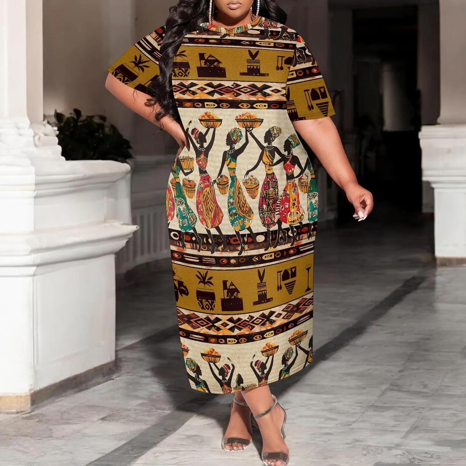 Women's Plus Size Midi Dress African Art Ethnic Style Dress Summer Loose Short Sleeve Round Neck T-Shirt Maxi Dress