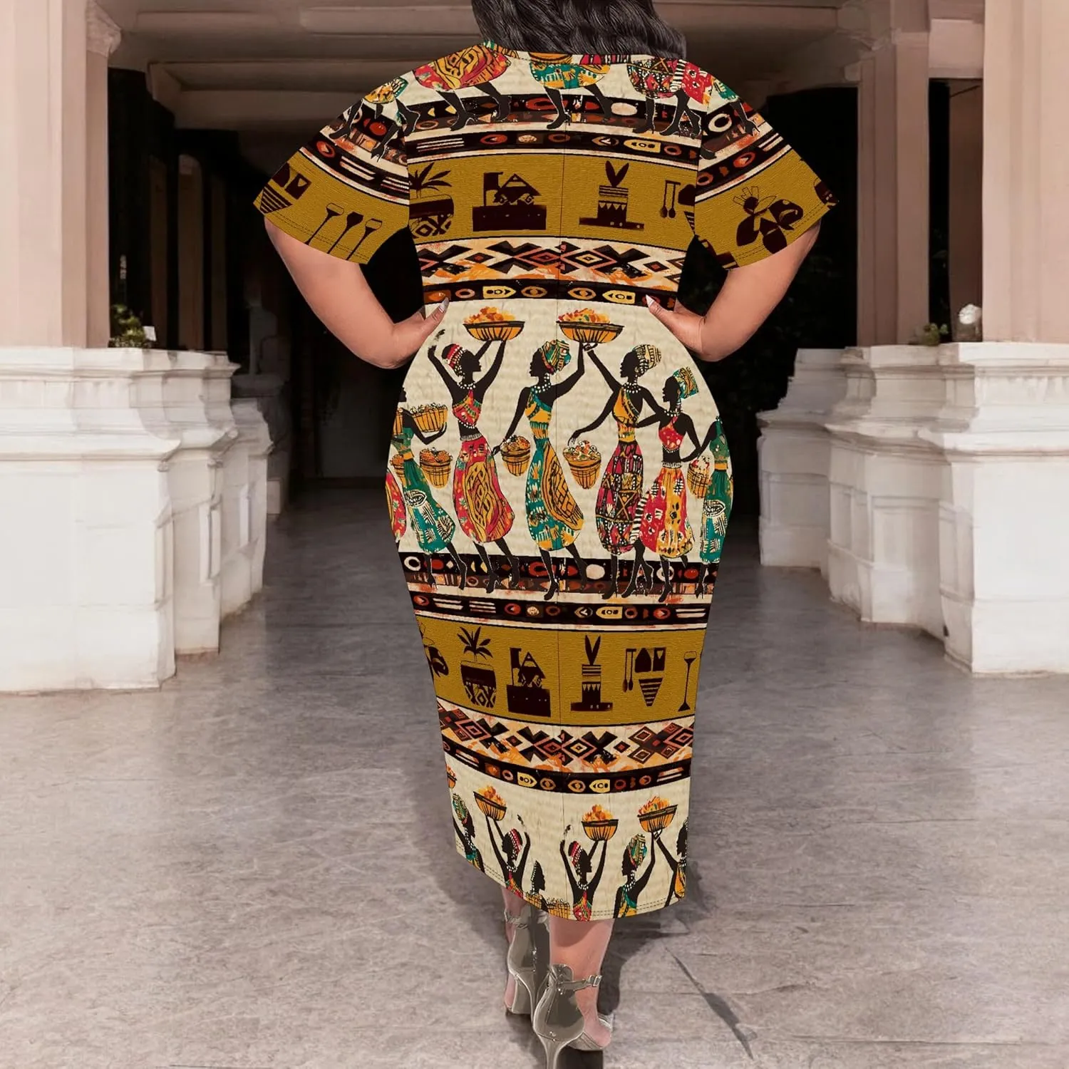 Women's Plus Size Midi Dress African Art Ethnic Style Dress Summer Loose Short Sleeve Round Neck T-Shirt Maxi Dress