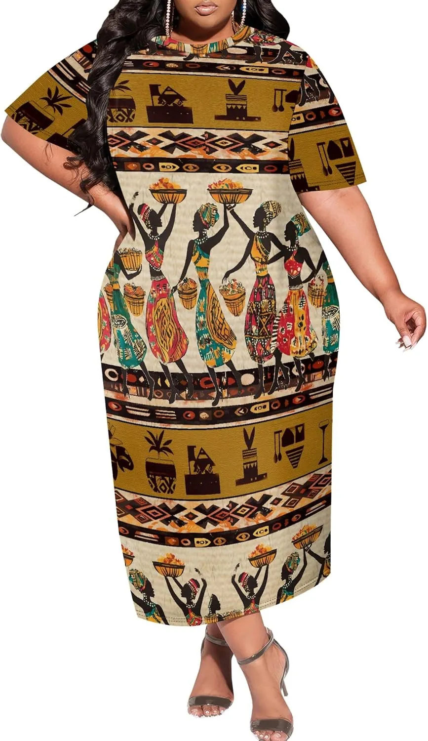 Women's Plus Size Midi Dress African Art Ethnic Style Dress Summer Loose Short Sleeve Round Neck T-Shirt Maxi Dress