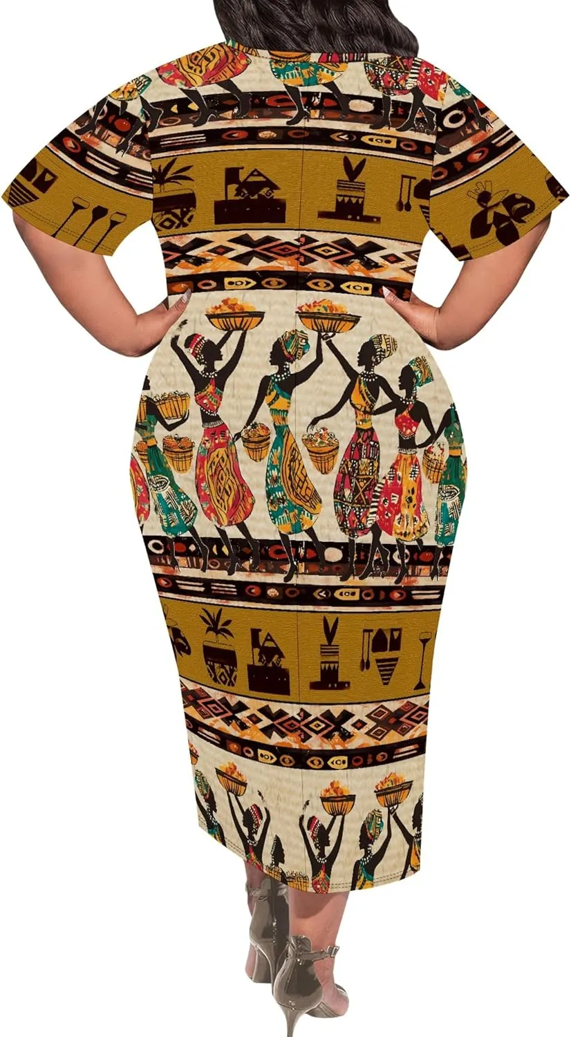 Women's Plus Size Midi Dress African Art Ethnic Style Dress Summer Loose Short Sleeve Round Neck T-Shirt Maxi Dress
