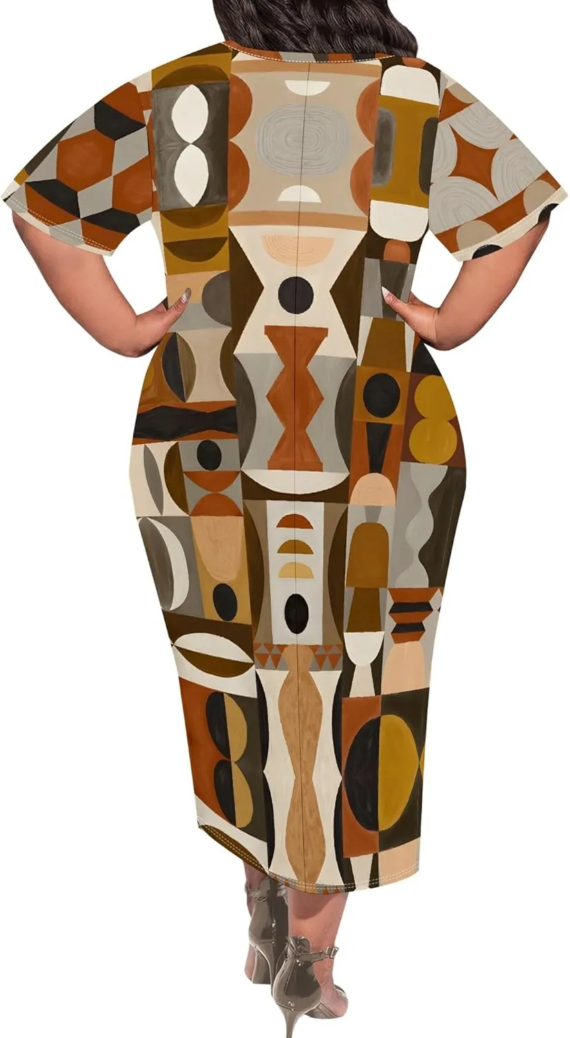 Women's Plus Size Midi Dress African Art Ethnic Style Dress Summer Loose Short Sleeve Round Neck T-Shirt Maxi Dress