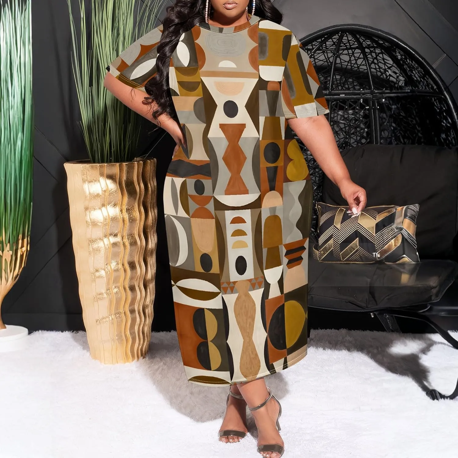 Women's Plus Size Midi Dress African Art Ethnic Style Dress Summer Loose Short Sleeve Round Neck T-Shirt Maxi Dress