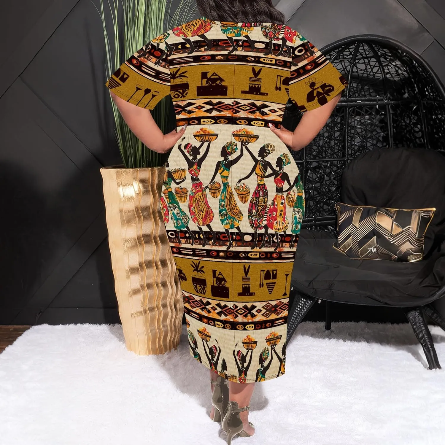 Women's Plus Size Midi Dress African Art Ethnic Style Dress Summer Loose Short Sleeve Round Neck T-Shirt Maxi Dress