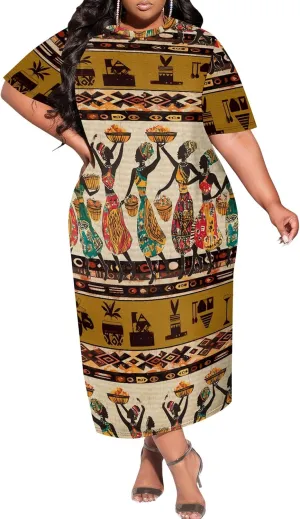 Women's Plus Size Midi Dress African Art Ethnic Style Dress Summer Loose Short Sleeve Round Neck T-Shirt Maxi Dress