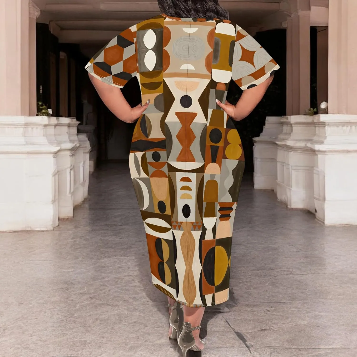 Women's Plus Size Midi Dress African Art Ethnic Style Dress Summer Loose Short Sleeve Round Neck T-Shirt Maxi Dress