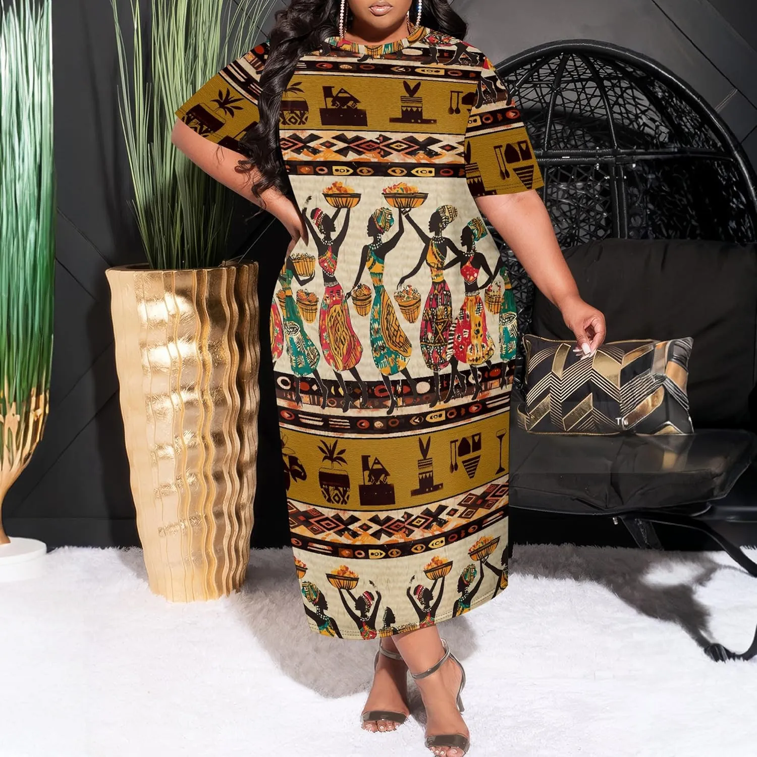 Women's Plus Size Midi Dress African Art Ethnic Style Dress Summer Loose Short Sleeve Round Neck T-Shirt Maxi Dress