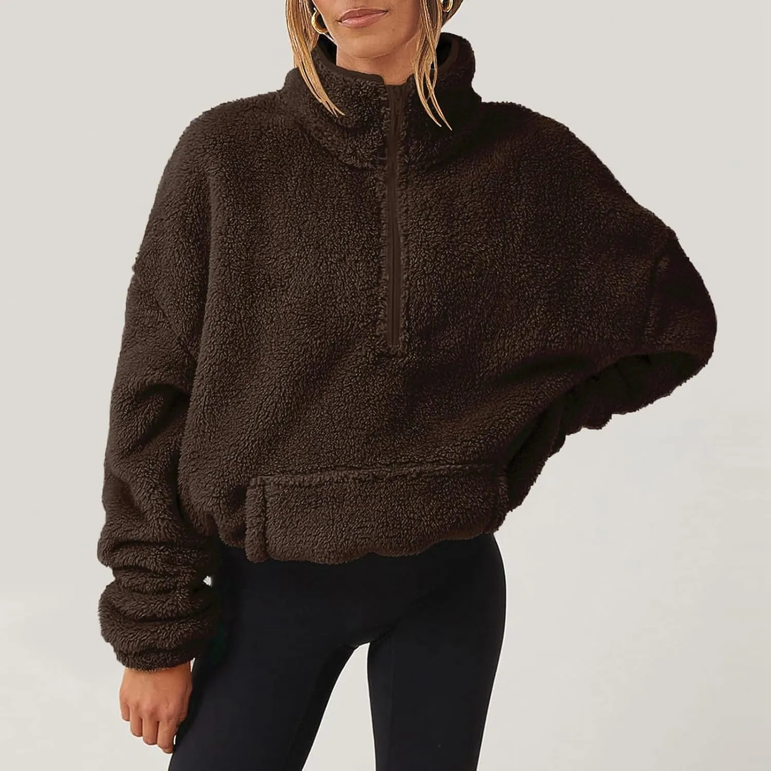 Womens Sherpa Half Zip Sweatshirts Oversized Pullover Long Sleeve Quarter Zip Up Hoodies Fuzzy Fleece Sweaters